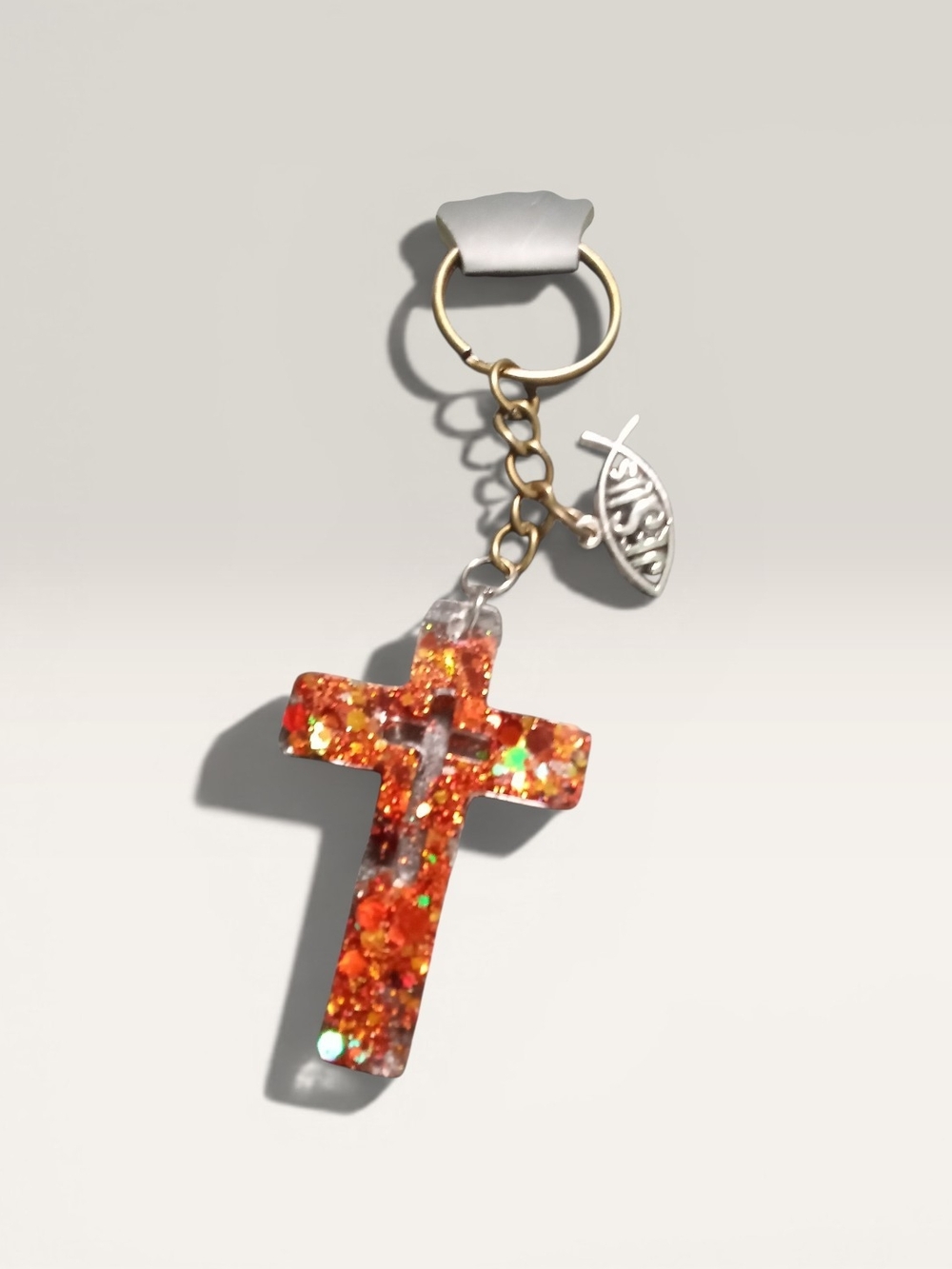 Orange Glitter Resin Cross Keychain with Gold Hardware